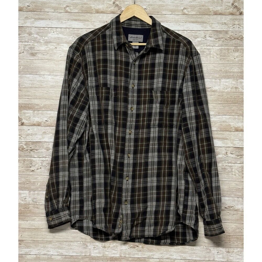 Eddie Bauer Mens Large Tall Gray Brown Plaid Long Sleeve Button Up Shirt